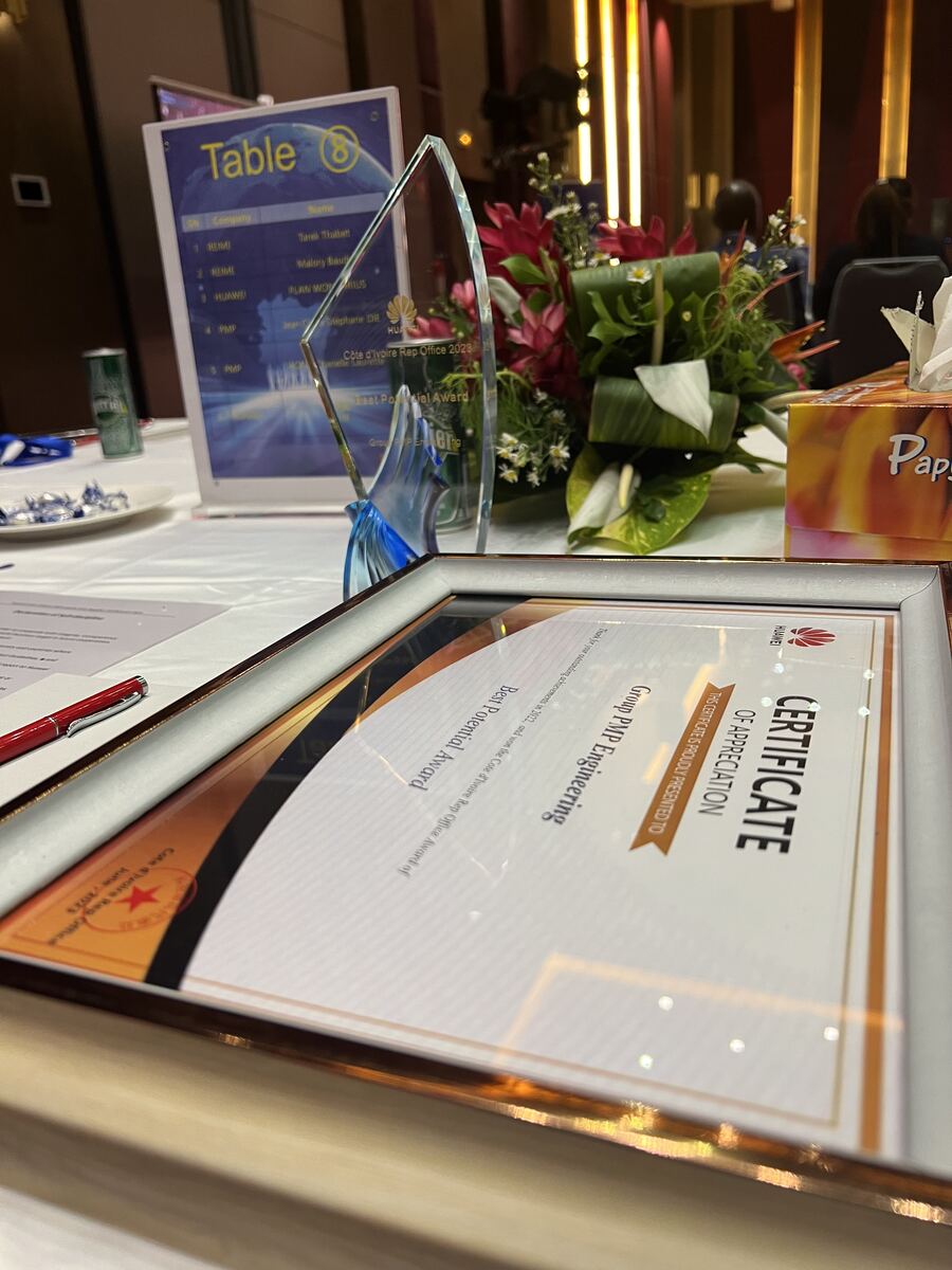 Certificat Best Potential Award décerné à Group PMP Engineering par Huawei